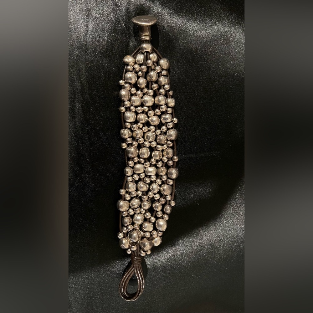 Uno de 50 Wide Beaded Leather Bracelet | Chunky Silver Statement Jewelry